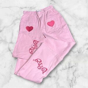 Hyperose Pink Heart Embroidered Pants wide leg size small valentines vibes